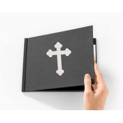Napis Emblemat na ksiegę gości album do zdjęć krzyż biały, dekoracja na Komunię Świętą Chrzest Święty